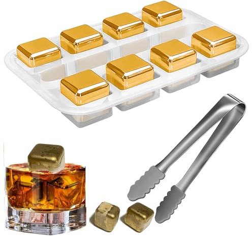 Whisky Stones Stainless Steel Set, 8-Piece Stainless Steel Ice Cube Set, Stainless Steel Reusable Whisky Stones Set, with Silica Gel Ice Clip, Wine Cooling Stones, for Cocktail, Gold