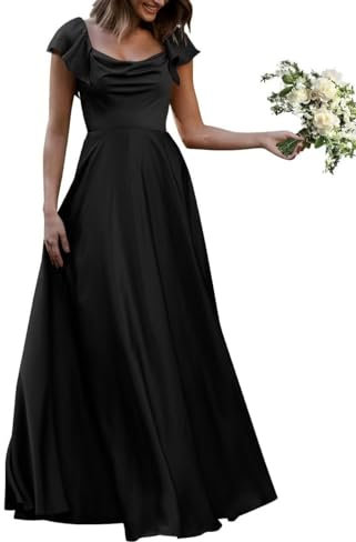 KURFACE Robe de demoiselle d'honneur en satin à col bénitier pour femme, Noir , 44