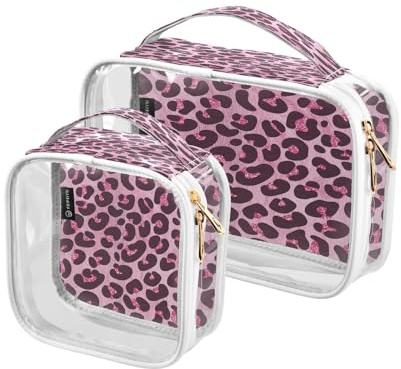 Set med 2 genomskinliga necessärer för smink, smink, sminkväska, rosa och svart, leopardskinne, set om 2, för kvinnor, män och flickor, flerfärgad, necessär, Material: Polyester, Toalettväska