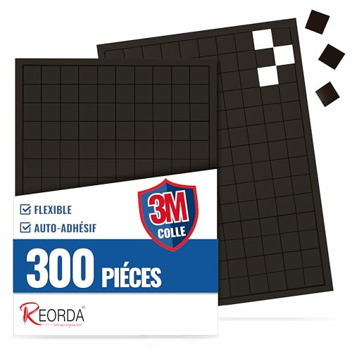 REORDA® Plaquettes Magnétiques Autocollantes 300 Pièces - Plaquettes et Bandes Magnétiques Adhésives - Colle 3m Ultra-Forte - Aimants Plats Puissants - Film Magnétique Flexible à Découper pour DIY
