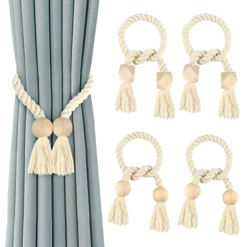 GlasFlength Vorhang Raffhalter, Boho Raffhalter für Vorhänge Handgestrickte Gardinenband Baumwolle Seil Curtain Rope Buckle Gardinenhalter für Schlafzimmer Office Wohnzimmer (4, Magnetic Beige)
