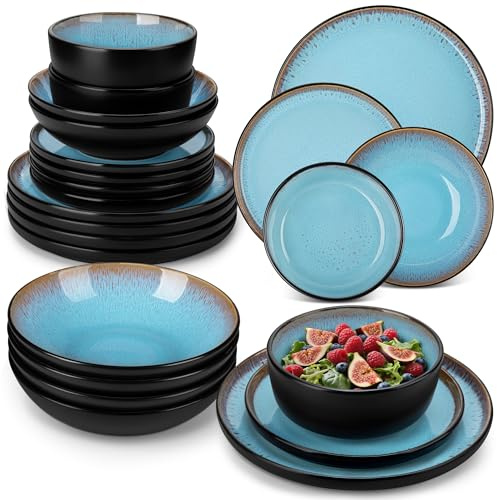 vancasso AMBER Service de Table 6 Personnes, Set Vaisselle 24 Pièces en Grès - Assiettes Plates, Assiettes à Dessert, Bols à Pâtes et Bols - Adapté au Micro-Ondes - Glaçure Bleu