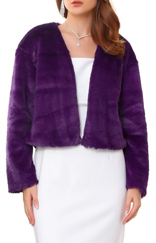 WOMLAYOUT Boléro Femme en Fausse Fourrure Veste Court d'hiver Élégante Cardigan pour Robe de Cocktail et Invité de Mariage Violet foncé L
