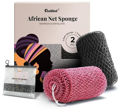CORATED Authentic African Net Sponge with Knots, Shower Loofah Exfoliating Bath Sponge, Body Scrubber for Women and Men Daily Use Body Care, Travel Portable, Durable Bath Accessories for Bathroom