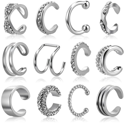 Nogeqi 12 Pcs Silver Ear Cuffs No Piercing, Clip on Earrings Adjustable Ear Fake Piercings Silver Cartilage Earring Cuffs for Women Fake Earrings Jewelry