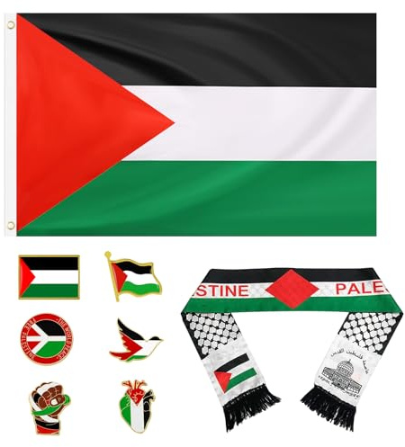 Drapeau Palestine150 x 90 cm + 6*Épingle Palestine + Palestine Écharpe 135 x 13.5 cm, Écharpe Drapeau Épingle, Décoration d'Extérieur, Accessoires Vestimentaires, pour Hommes et Femmes