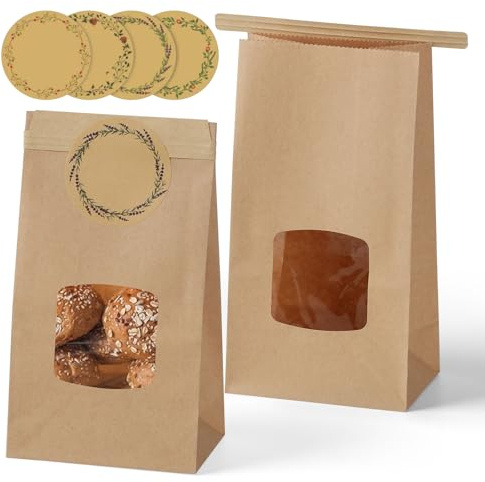 60 Stück Papiertüten mit Fenster - 17x9x6CM Braun Plätzchentüten Kraftpapier Tüten Papiertaschen Geschenktüte Klein mit Verschlussdraht Aufkleber