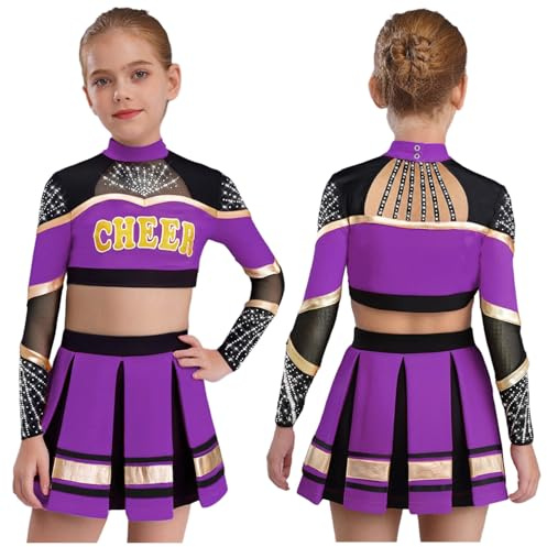 YiZYiF Girls' High School Cheer Leader Costume 2 Piece Crop Top Skirt Long Sleeve Stage Suit Cheerleading Uniform Purple 6 Years