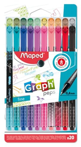 Maped – 20 Filzstifte Graph'Peps – feine Spitze 0,4 mm – robuste Spitze – komfortables Schreiben und Zeichnen – 20 Filzstifte in leuchtenden Farben