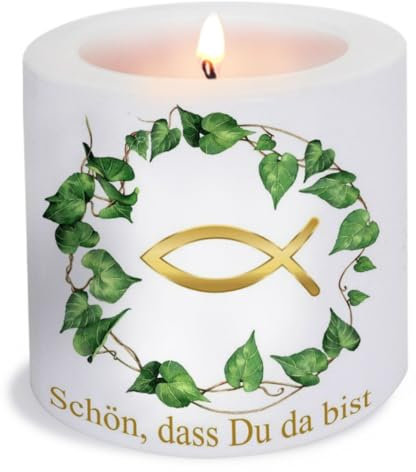 Serviettenshop Vela redonda con hojas verdes y peces doradas y hojas verdes alrededor de pescado, comunión, confirmación, bautizo | Schön DASS du da bist | Ø 8 cm | altura 7,5 cm