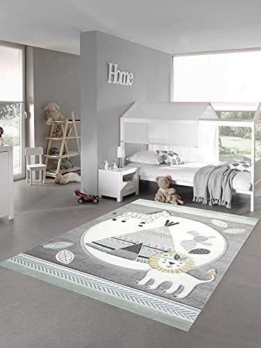 Teppich-Traum Kinderzimmer Teppich Spielteppich Indianer Zelt Löwe Zebra Kaktus grau Creme gelb Größe 140x200 cm