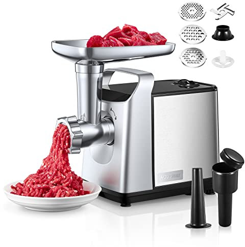 Electric Meat Grinder, 3 in 1 Stainless Steel Mincer Machine & Sausage Stuffer & Kubbe Kit Included, Copper Motor, Storage Box & Reverse Function, 3 Cutting Plates & Kibbe Attachment for Home Use
