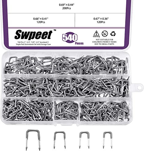 Swpeet 540 pezzi 5 misure 0,9 cm 1,0 cm 1,1 cm 1,4 cm isolati U graffette assortimento kit di diverse dimensioni graffette metalliche perfette per cavi di fissaggio in legno