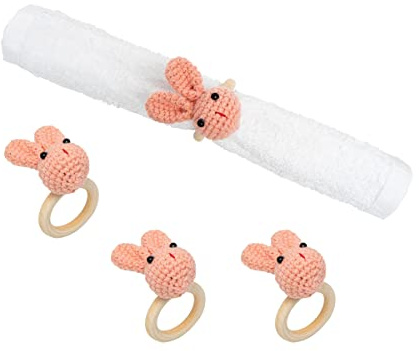 C&F Home Easter Pink Knitted Bunny Rabbit Napkin Rings Set of 4 Spring Springtime Celebration Dinner Lunch Party Cloth Napkin Holder Serving Décor Decoration S/4 Pink