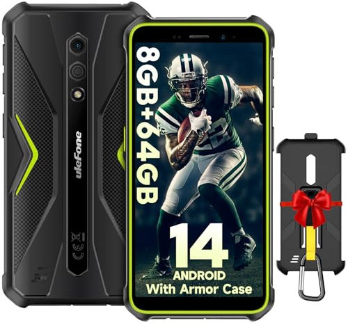Ulefone Armor X12 Pro Rugged Smartphone Android 14, 8GB + 64GB/256GB SD 5,45'' HD+ 13MP+8MP 4860mAh IP68/IP69K Waterproof 4G Dual SIM Free Unlocked Face ID/NFC/OTG/GPS, UK Version -Green