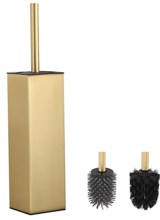 bgl Escobilla de Inodoro y Soporte, Soporte para escobilla de Inodoro de Silicona, 2 Cabezales, Aluminio Cuadrado para Limpieza de baño, escobilla de Inodoro (Dorado)