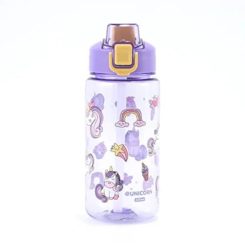 Generisch Lila kinder Trinkflasche mit Einhorn Kartons Muster-Auslaufsicher- mit Strohhalm- BPA-freie Kindertrinkflasche-Ideal für Kindergarten, Schule, Reisen-600ml- (Purple)