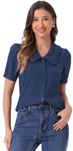 Allegra K Chemise à col Claudine pour Femme Bouffante à Manches Courtes rétro Vintage Chemisier Bleu Foncé L