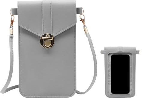 AfitLulu Custodia per cellulare da donna, touchscreen, piccola borsa a tracolla da donna, in pelle PU, con finestra trasparente e tracolla rimovibile per cellulare, grigio.