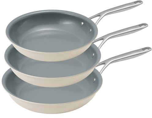 BLAZANT Padella in ceramica a induzione,antiaderente per tutti i piani cottura, padella in ceramica senza PTFE e PFOA, con manico in acciaio pressofuso, colore beige (20cm+24cm+28cm)