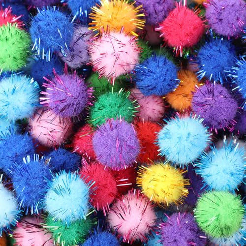 Oruola 200 Stück Pompons,Mini Pom Poms,Filzkugeln zum Basteln,Weiche Bunte Filzkugeln mit Lametta Flaum für den Innenbereich,Flauschige Pompons Glitzer(1.5cm)