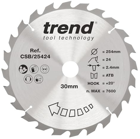 Trend Wood Kreissägeblatt, 254 mm Durchmesser, 30 mm Bohrung, 24 Zähne, 2,4 mm Schnittfuge, +20° Haken, TCT, grobe Oberfläche, CSB/25424