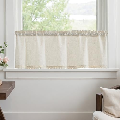 TOPICK Rideau Cuisine Cantonnières Court Petit Rideaux Brise Bise, Beige 125L x 45H(cm) 1 Panneau à Passe Tringle, Mélange de Lin avec Dentelle, pour sous Evier Fenêtre Placard Meuble Bas Cache