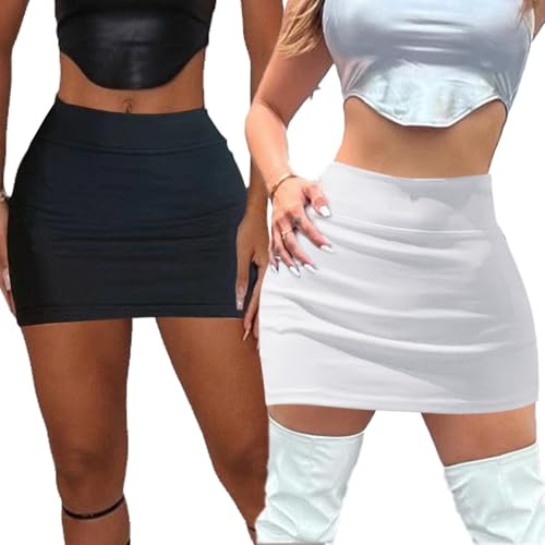 HTTDSLF 2 Pièces Mini Skirt Crayon, Jupe Courte avec Taille éLastique, Skirt Noire Taille Haute, Jupe Crayon Femme Extensible, pour Tenue Décontractée et Sexy