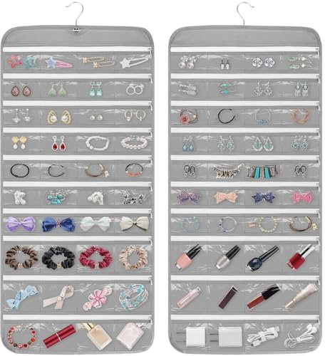EEEKit 80 Pocket Hanging Jewelry Organizer, Dual Sided Jewellery Door Holder with Zipper Hook, Wall Hanging Jewellery Organiser Wardrobe, Jewelry Storage Hanger for Earrings Necklaces Bracelets Rings