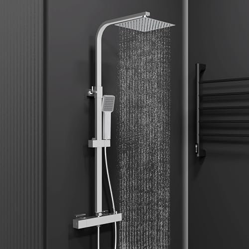 Biubiubath Thermostatic Shower Mixer Set | Dual Rainfall Shower Heads & Hose | Wall Mounted Bar Mixer Shower Chrome Finish | Adjustable Shower Riser Rail Kit (Chrome)