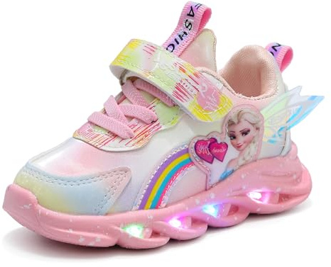 Chaussures lumineuses for enfants, chaussures ELSA for filles, sneakers clignotantes for kids avec lumière et fermeture MAGIC TAPE, baskets lumineuses antidérapantes roses violettes(Pink leather,25 EU