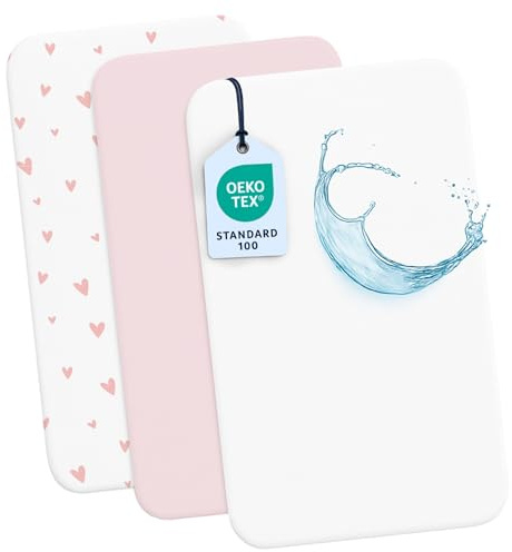 Dreamzie - 2 Baby Spannbettlaken 55x90 + 1 Wasserdichter Matratzenschoner | 3er Set für Babybett · 100% Baumwolle · Hypoallergen · OEKO-TEX zertifiziert · Kinderwagen & Babybett · Herzmotiv
