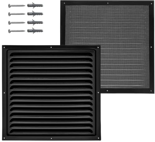 DEMLOU Rejilla de Ventilación 30x30 cm, Negra RAL 9005 con Malla. | Mosquitera para entrada y salida de aire; resistente a lluvia, óxido y 200 °C en interior y exterior.