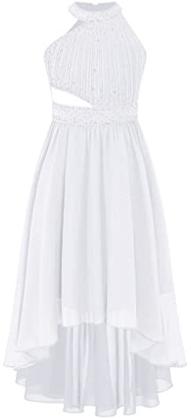 LumiJour Vestito Sposa Bambine Lungo Festa Party con Strass E Glitter Cocktail Linea A Vestito Estivo Compleanno in Chiffon Comunione Principessa Bianco 9-10 Anni