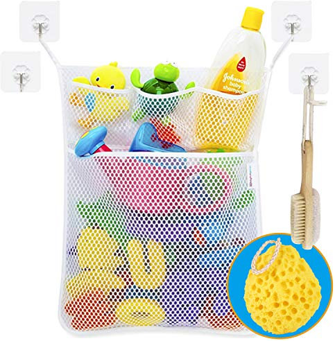 Wemk Filet de Rangement Salle de Bain Jouet de Stockage Sac à Jouet du Bain Avec 4 Crochets Robustes Auto-Adhésifs (Bonus: Eponge de Douche)
