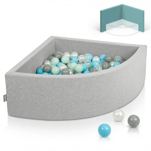 KiddyMoon Eckiges Viertel Bällebad 90x30 cm mit 300 Bälle 7 cm Schaumstoff Bällepool für Baby und Kleinkinder - Hellgrau: Perle Grau Transparent Babyblau Minze