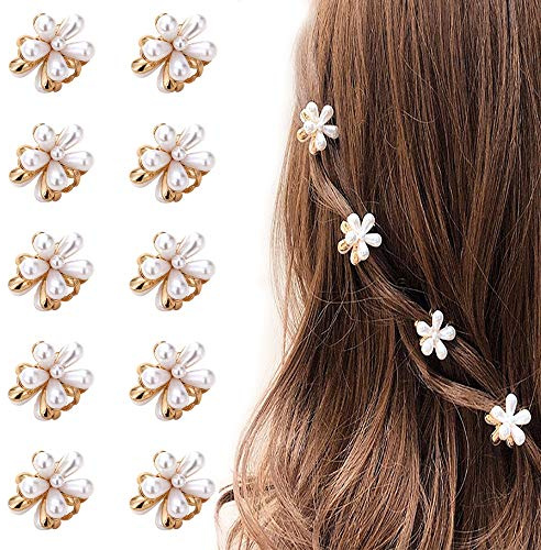 Mini Pearl Hair Barrettes for Women Girls, 10pcs Sweet Artificial Pearl Hair Clips, Flower Pins Clips for Party Wedding Daily