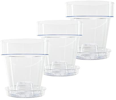 Kalapanta Lot de 3 Pot pour orchidées Transparent en Plastique avec Trous de Drainage et soucoupes (3 - Ø 14 cm)