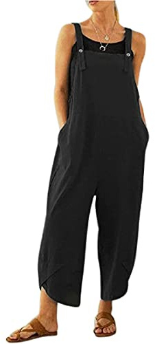 BRONG Kvinnors overaller ledig klädsel hängselbyxor mjukt bomullslinne dam jumpsuit säckig lekdräkt justerbara remmar med fickor, Svart, XXL