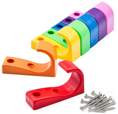 Toughook Heavy Duty Hooks for Hanging Coats, Jackets, Backpacks, Baseball Hats - Wall Mounted Rainbow Color Hangers for Kids, Perfect Hook for Classrooms, Bathroom Robes and Towels | J Hook 7-Pack