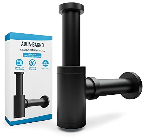 Aqua Bagno - Flexibler Siphon für Waschbecken - Abflussgarnitur für Waschtisch - Geruchsverschluss mit Reinigungsöffnung Designsiphon schwarz matt