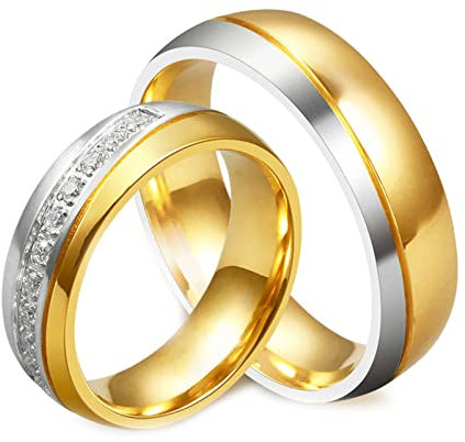 Daesar Edelstahl Ringe mit Gravur Gold, Verlobungsringe Paar 6MM mit Stein Glatt Bandringe Partnerringe für Sie und Ihn Damen Gr.60 (19.1) & Herren Gr.60 (19.1)