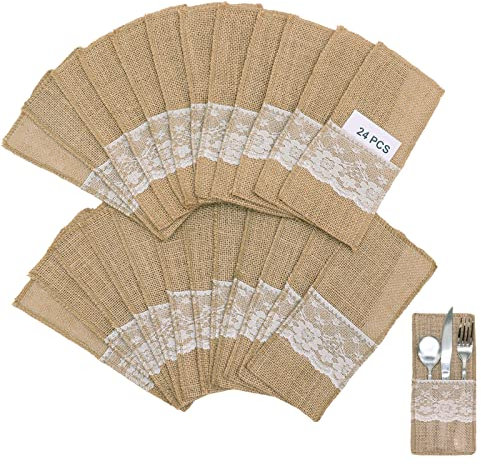 Leeyunbee 24 Stück Jute Bestecktaschen, Sackleinen Spitze Besteckbeutel Besteckhalter, Vintage Deko Messer Gabeln Geschirr Tasche, Tischdeko für Party Hochzeit Geburtstag Weihnachten