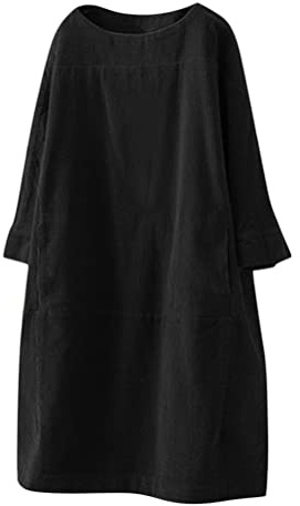 Onsoyours Robe Femme Vintage Grande Taille Velours Côtelé à Manches Longues LâChe Tenue Vintages Ample Long Dress Décontractée Robes Femmes Ete AVCE Poches Noir XL