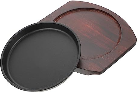 YARNOW 1set Piastra Ferro Per Steak Con Vassoio Legno Padella Antiaderente Per Cucinare e Servire Per Grigliate e Fritture Casa Piastra Rotonda