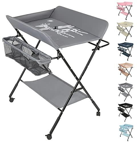 Belfoyer Wickeltisch, faltbar, tragbar, 3-in-1, max. Belastung 25 kg, Wickeltisch mit Aufbewahrungskorb, Sicherheitsgurt und 4 Rollen mit Bremse, höhenverstellbar, Grau