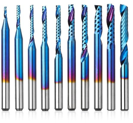 Genmitsu 1/8 Inch Shank 10pcs Carbide Spiral O Flute (Single Flute) End Mill CNC Router Bits, Solid Nano Blue Coat, for Woodworking Cutting Carving Wood Acrylic PVC PCB MDF, OS10A