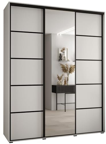 ABIKSMEBLE Davos 5 190 Armario Correderas Tres para Dormitorio - Armario Moderno con Espejo, Barra y Estantes - 235,2x190x45 cmBlanco Blanco Nero