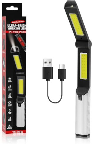 YONGMING Luz de trabajo LED de 900 lm, luz blanca y roja, lámpara de inspección de 4 modos con 2 bases magnéticas y gancho de luz mecánica para reparación de coches, camping, noche, senderismo, fallo
