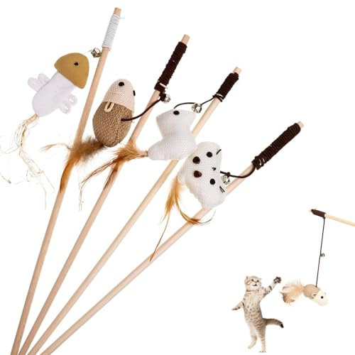 YINGLUOEU 4 Stück Katzenspielzeug Feder Set mit Holzgriff Spielzeug Katzenspielzeug-Stab für Katzenbeschäftigung Training